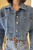 Mavi Kemer Detaylı Kadın Kısa Jean Kot Ceket - 3