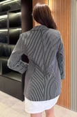 Siyah Kadın Çizgili Duble Kol Blazer Ceket - 4