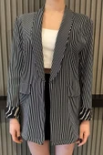 Siyah Kadın Çizgili Kol Detaylı Blazer Ceket - 3