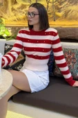 Kremkırmızı Kadın Balıkçı Yaka Taş Detaylı Crop Top Bluz - 3