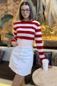 Kremkırmızı Kadın Balıkçı Yaka Taş Detaylı Crop Top Bluz - 2