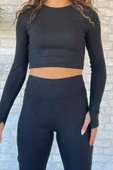 Siyah İspanyol Paça Pantolon Crop Top Bluz Yün Kaşkorse İkili Takım - 3