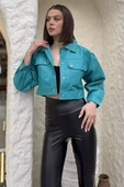 Koyumint Kadın Çift Cepli Çıtçıtlı Crop Top Suni Deri Ceket - 2
