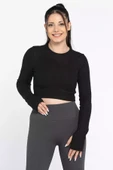 Siyah Kadın Bisiklet Yaka Kolu Pencereli Kaşkorse Crop Top Bluz - 2