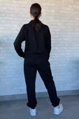 Siyah Kadın Dik Yaka Yarım Fermuarlı Sweat Pantolon Eşofman Takımı - 3