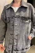 Antrasit Kadın Oversize Jean Kot Ceket - 3