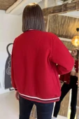 Kırmızı Kadın Şerit Detaylı Ön Çıtçıtlı Kolej Ceket - 4