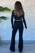 Siyah İspanyol Paça Pantolon Crop Top Bluz Yün Kaşkorse İkili Takım - 4