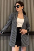 Siyah Kadın Çizgili Kol Detaylı Blazer Ceket - 2