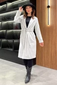 Gri Kadın Balıksırtı Bel Kuşaklı Kaşe Kaban - 1