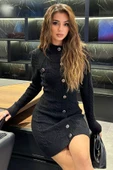Siyah Kadın Örgü Desenli Triko Elbise - 2