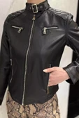 Siyah Kadın Kemer Tokalı Crop Top Suni Deri Ceket - 3
