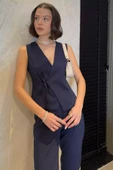 Lacivert Kadın Bağcıklı Yelek - 3
