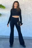 Siyah İspanyol Paça Pantolon Crop Top Bluz Yün Kaşkorse İkili Takım - 1