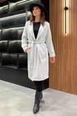 Gri Kadın Balıksırtı Bel Kuşaklı Kaşe Kaban - 2