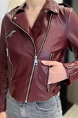 Bordo Kadın Fermuarlı Crop Top Suni Deri Ceket - 4