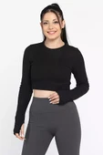 Siyah Kadın Bisiklet Yaka Kolu Pencereli Kaşkorse Crop Top Bluz - 1