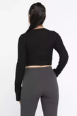 Siyah Kadın Bisiklet Yaka Kolu Pencereli Kaşkorse Crop Top Bluz - 3