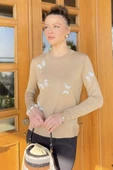 Bej Kelebek Taşlı Triko Bluz - 2