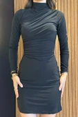 Siyah Kadın Omuz Ve Bel Drapeli Elbise - 3