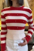 Kremkırmızı Kadın Balıkçı Yaka Taş Detaylı Crop Top Bluz - 4
