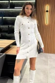 Krem Kadın Örgü Desenli Triko Elbise - 2