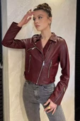 Bordo Kadın Fermuarlı Crop Top Suni Deri Ceket - 2