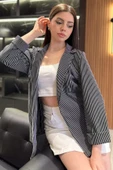 Siyah Kadın Çizgili Duble Kol Blazer Ceket - 2