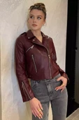 Bordo Kadın Fermuarlı Crop Top Suni Deri Ceket - 3