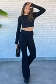 Siyah İspanyol Paça Pantolon Crop Top Bluz Yün Kaşkorse İkili Takım - 2