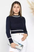 Lacivert Fitilli Crop Triko Kazak - 1