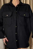 Siyah Kadın Oversize Kaşe Gömlek Ceket - 3