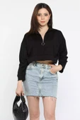 Siyah Oysho Kumaş Fermuar Detaylı Kadın Crop Top Sweatshirt - 2