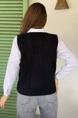 Siyah Kadın Örgü Desenli Bağlamalı Triko Yelek - 4