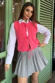 Pembe Kadın Örgü Desenli Bağlamalı Triko Yelek - 2