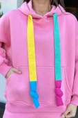 Pembe Kadın Kapüşonlu Renkli Şeritli Şardonlu Sweatshirt - 3