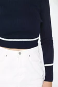 Lacivert Fitilli Crop Triko Kazak - 4