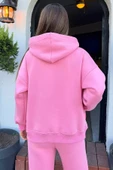 Pembe Kadın Kapüşonlu Renkli Şeritli Şardonlu Sweatshirt - 4