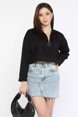 Siyah Oysho Kumaş Fermuar Detaylı Kadın Crop Top Sweatshirt - 1