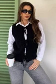 Siyah Kadın Örgü Desenli Bağlamalı Triko Yelek - 1