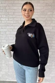 Siyah Kadın Polo Yaka Baskılı Şardonlu Sweatshirt - 1