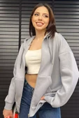 Gri Kapüşonlu Üç İplik Şardonlu Kadın Sweatshirt - 1