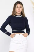 Lacivert Fitilli Crop Triko Kazak - 2