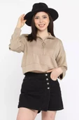Bej Oysho Kumaş Fermuar Detaylı Kadın Crop Top Sweatshirt - 1