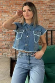 Mavi Kadın Püsküllü Zımba Detaylı Kot Jean Yelek - 2
