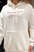 Beyaz Kapüşonlu Şardonlu Yazı Baskılı Kadın Sweatshirt - 3