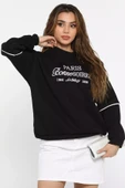 Siyah Kadın Üç İplik Şardonlu Nakışlı Sweatshirt - 2