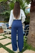 Lacivert Kadın Yüksek Bel Yazı Baskılı Çimalı Bol Paça Pantolon - 4