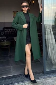 Zümrüt Yeşili Kadın Astarlı Kuşaklı Kaşe Kaban - 1