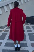 Kırmızı Kadın Astarlı Kuşaklı Kaşe Kaban - 4